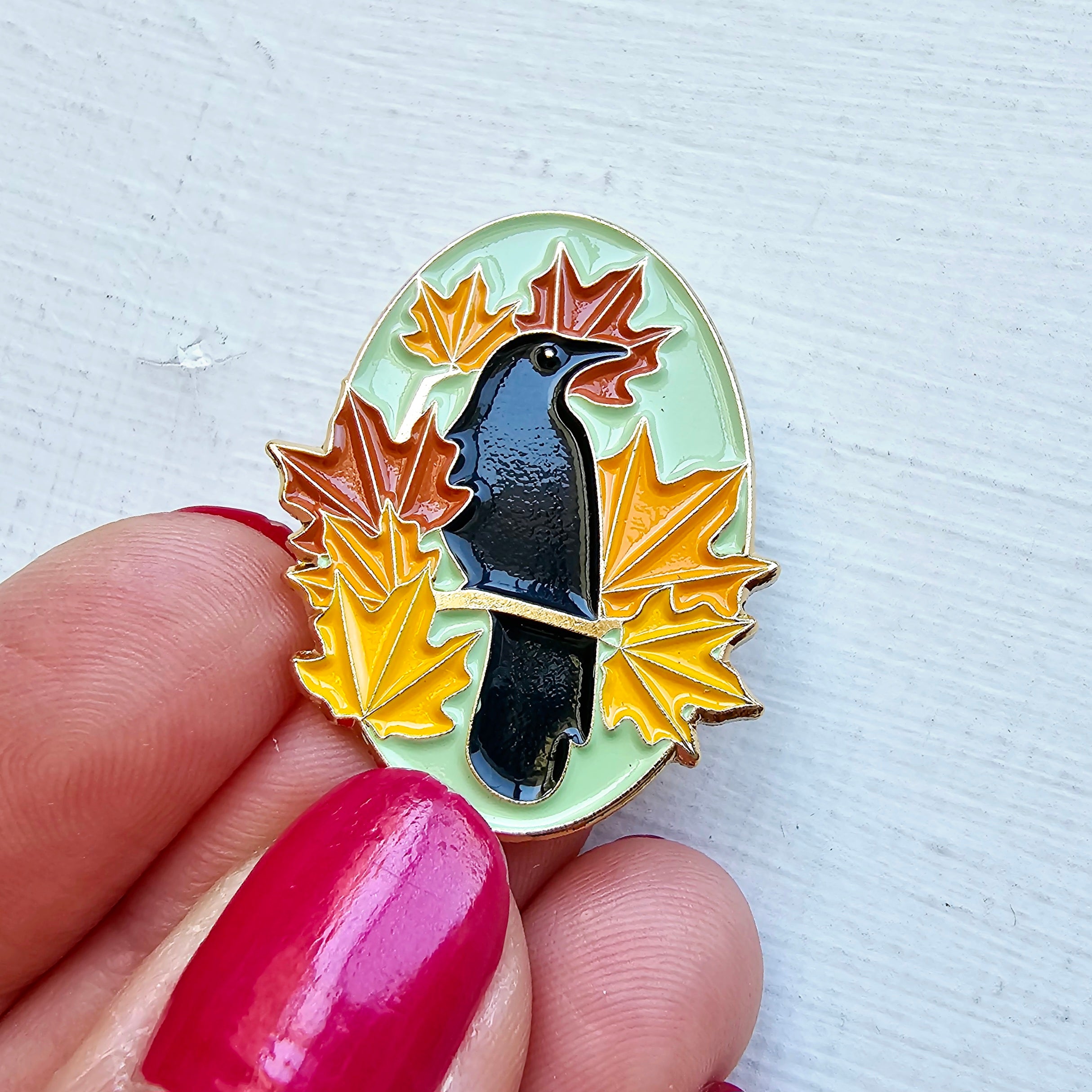 Autumn Crow Enamel Needle Minder – Jessica Long Embroidery