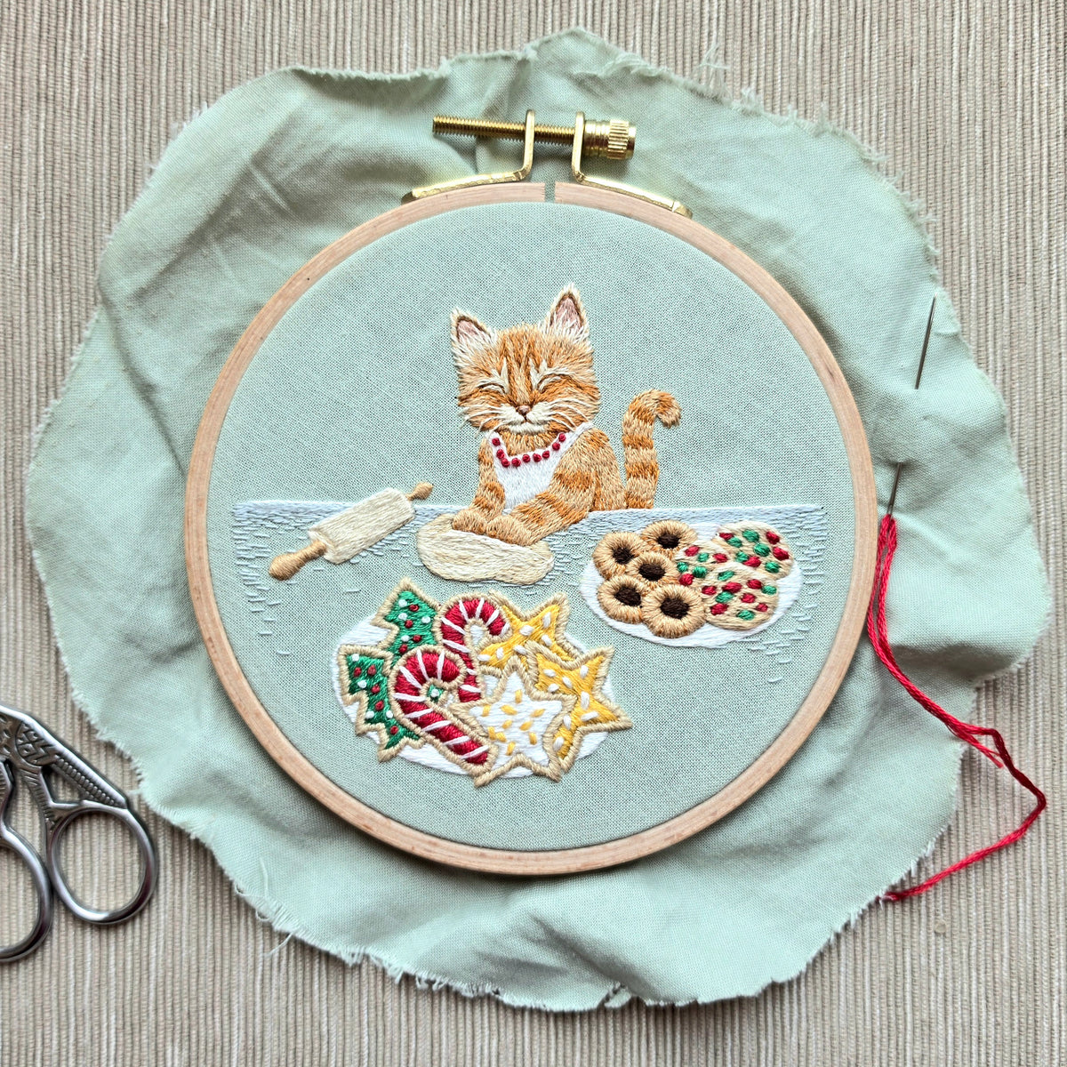 Christmas Cookie Cat Printed Fabric (sized for a 5 inch hoop)