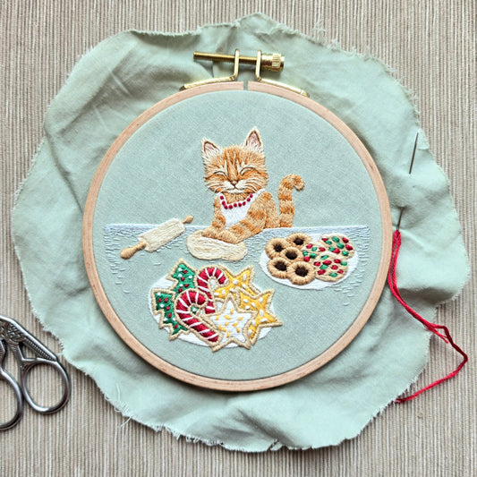 Christmas Cookie Cat Printed Fabric (sized for a 5 inch hoop)