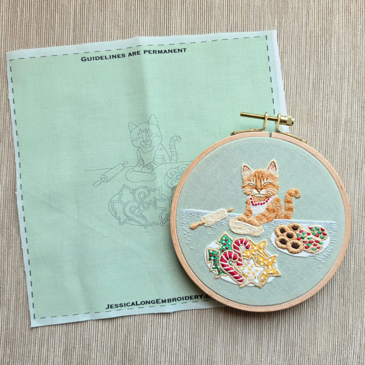 Christmas Cookie Cat Printed Fabric (sized for a 5 inch hoop)