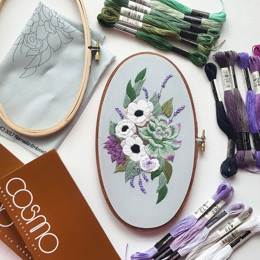 Anemones and Succulents Embroidery Kit Featuring Lecien Cosmo Floss