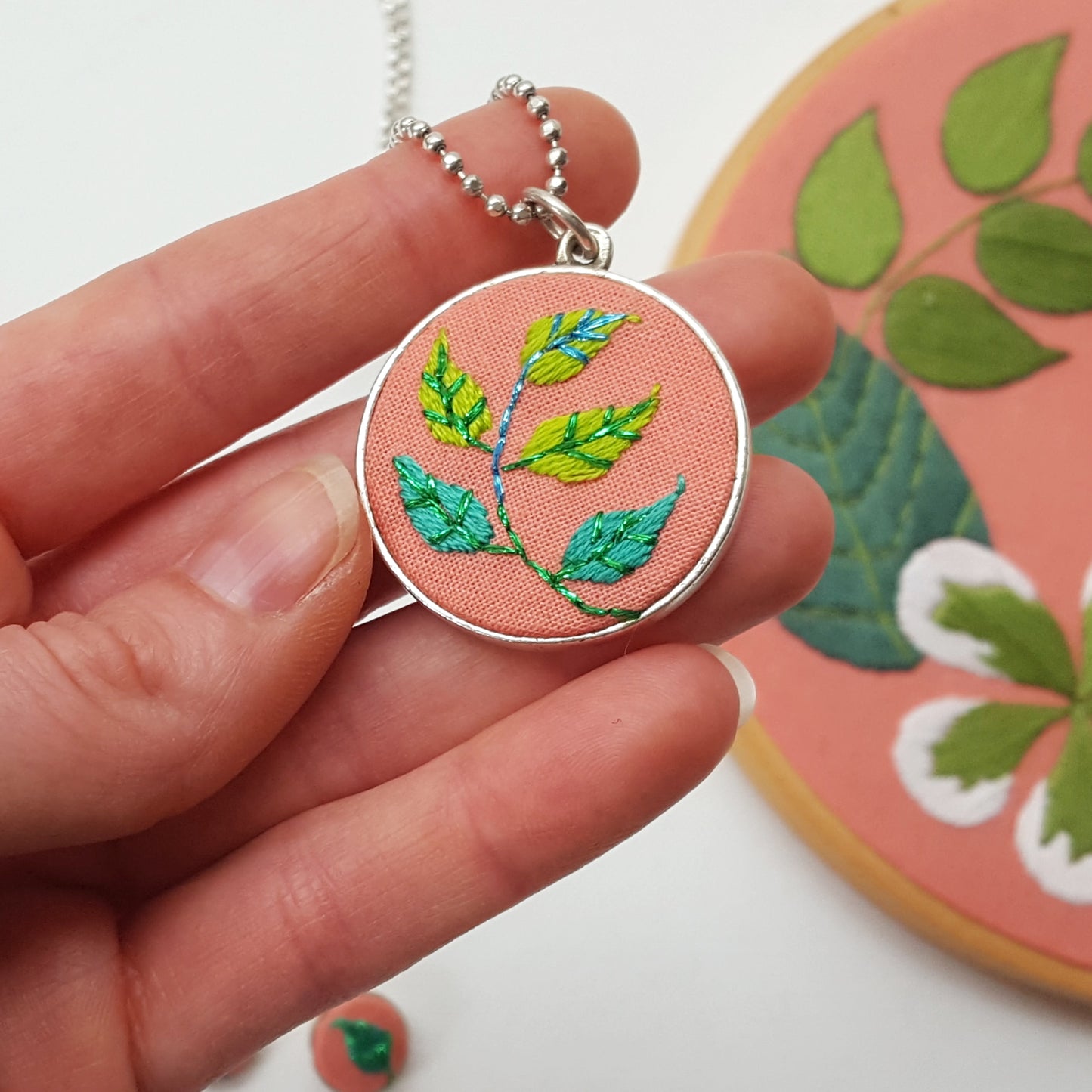 Hand Embroidered Jewelry Collection: Plants on Pink