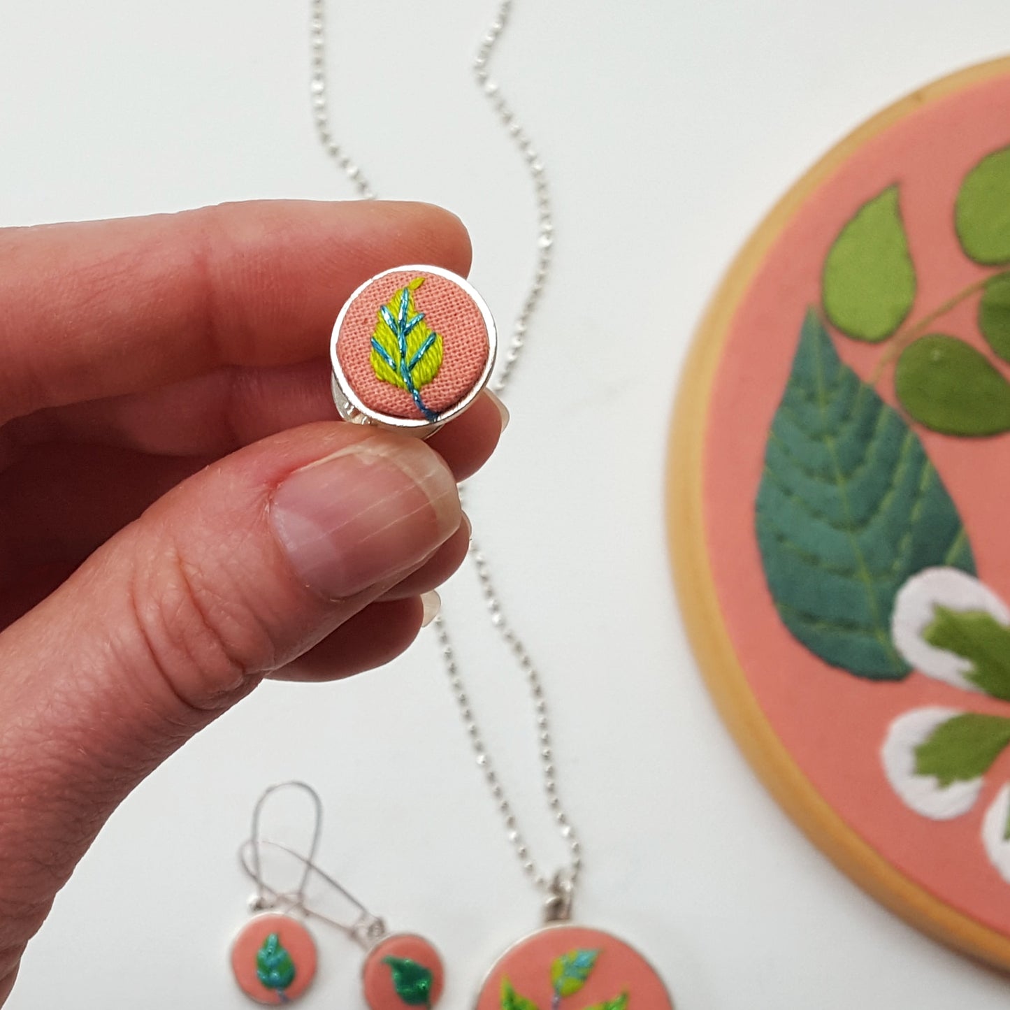Hand Embroidered Jewelry Collection: Plants on Pink