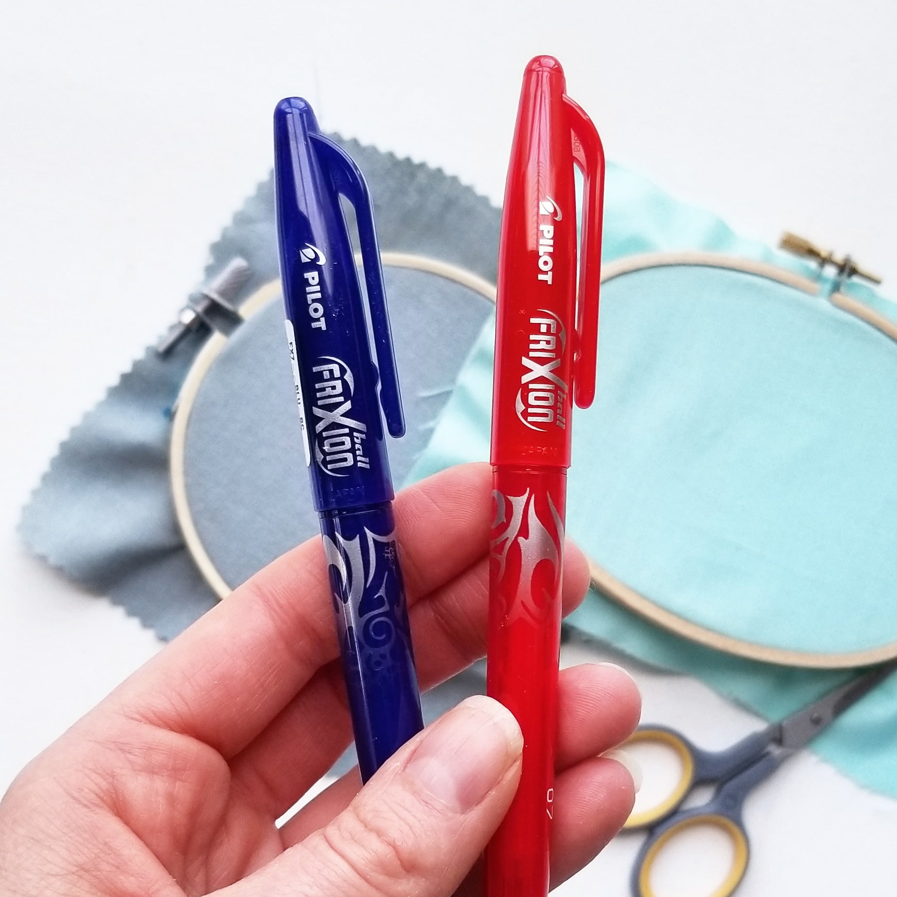 Embroidery Tips: Pens. Clear marks, disappear with heat, no water! Frixion  Erasable Pens. 