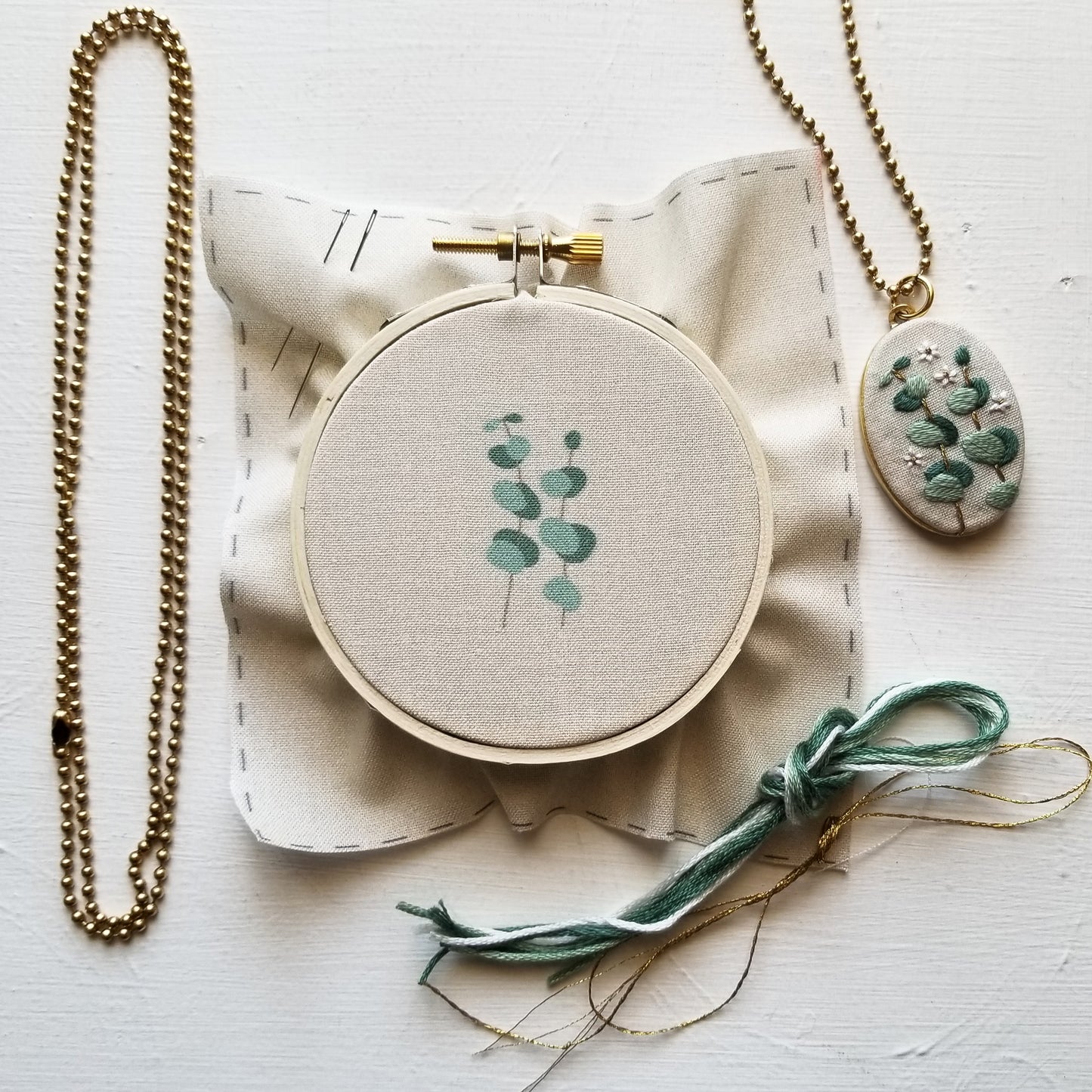 DIY Hand Embroidered Jewelry Kit: Eucalyptus